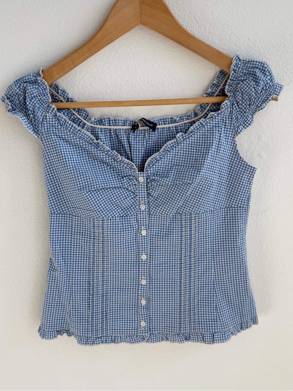 Brandy Melville Blue White Gingham Elara Button Front Ruffle Top One Size